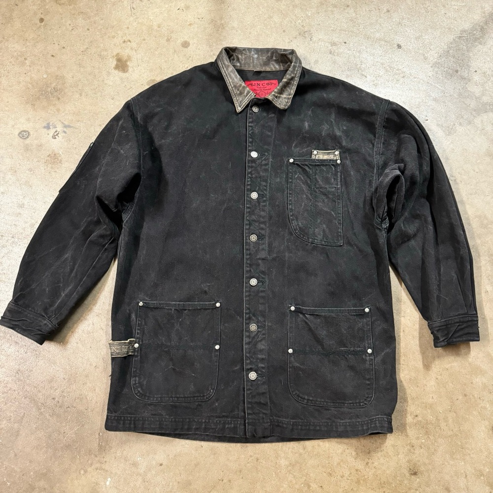 JNCO Vintage Black Denim Chore Coat Jacket Size XL Y2K Leather Collar Oversized